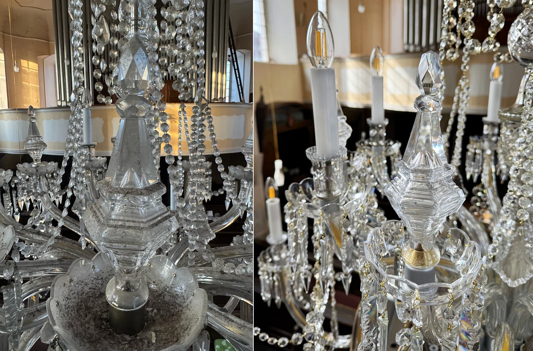 detail svítidla před a po repasi 2